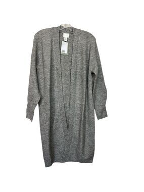 H&M Wool Blend Ribbed Knit Open Front Relaxed Fit Grey Long Duster Cardigan